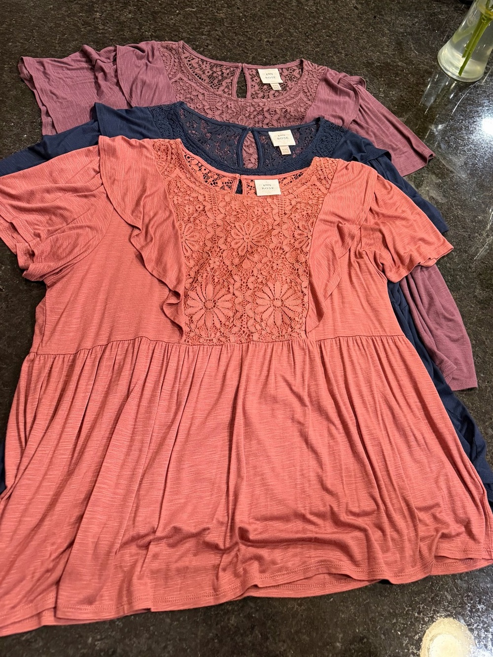 Knox Rose 3-Bundle Lace/Boho Flutter Sleeve Tops in Dusty Rose, Coral and Navy